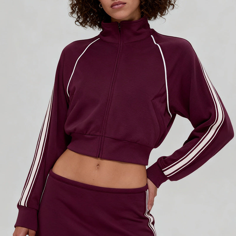 Contrasting stand-up collar coat + contrasting A-line skirt 2 piece set