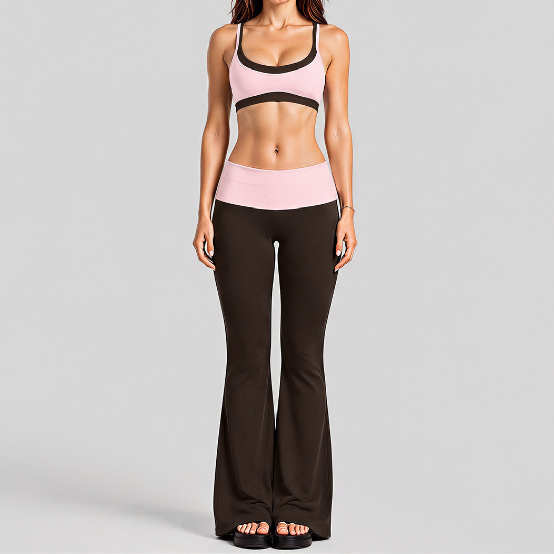 Women's Activewear Padded Faux Two-Piece Sports Bra & Flared Pants Yoga Set