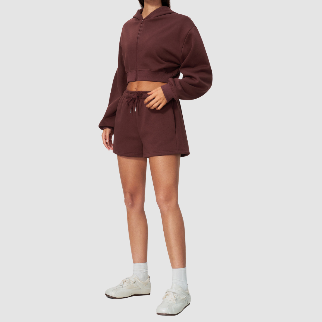 Wholesale Women's Relaxed Fleece-Lined  Zip Up Hoodie & Sweat Shorts Set