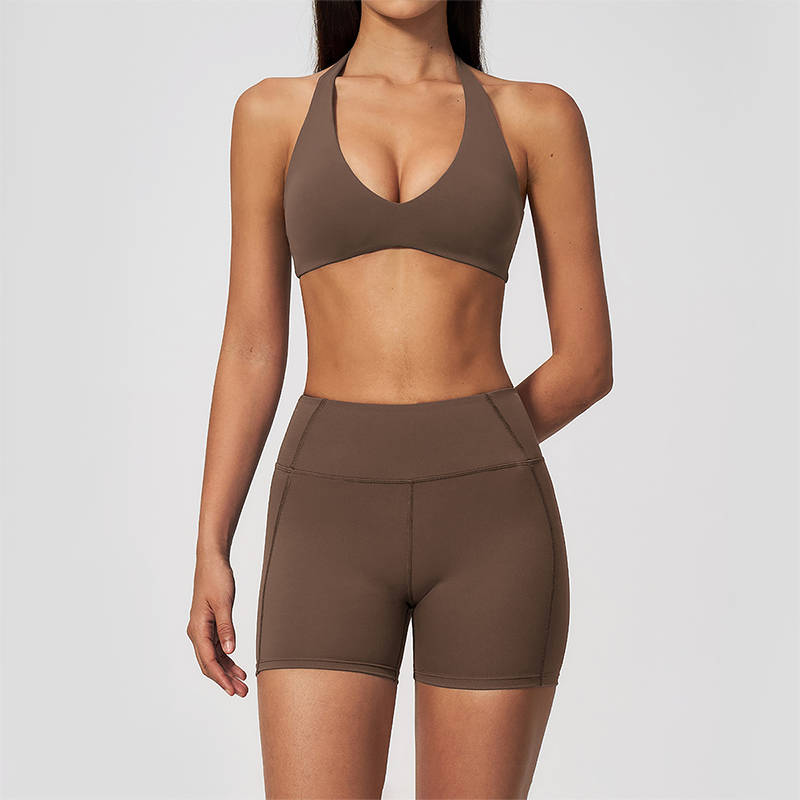 Wholesale Women's Halter Neck Yoga Set – Padded Bra & High-Waist Shorts Activewear