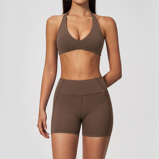 Wholesale Women's Halter Neck Yoga Set – Padded Bra & High-Waist Shorts Activewear