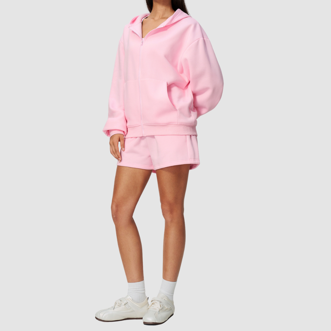 Wholesale Women's Warm Fleece-Lined Zip Up Hoodie & Sweat Shorts Set