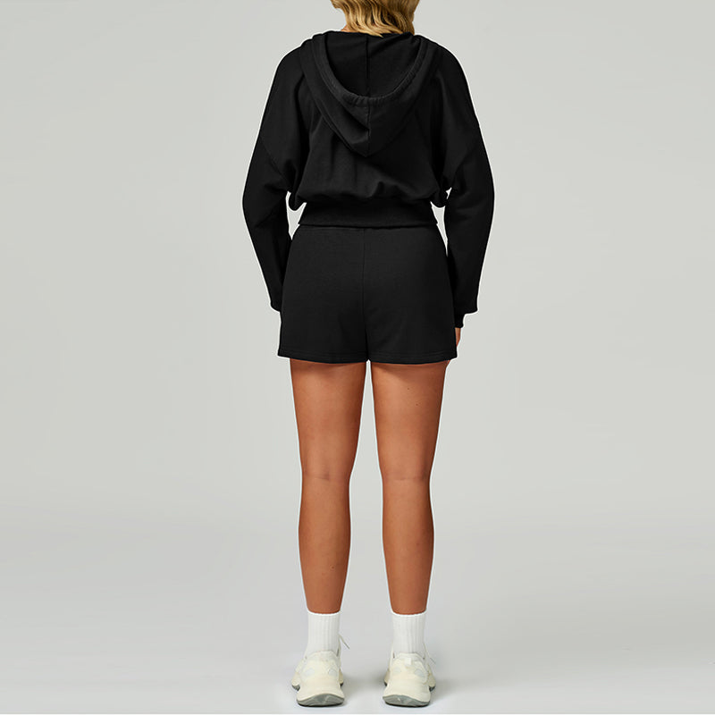 Loose hooded and full zipper Sweatshirt + drawstring shorts 2 pieces set