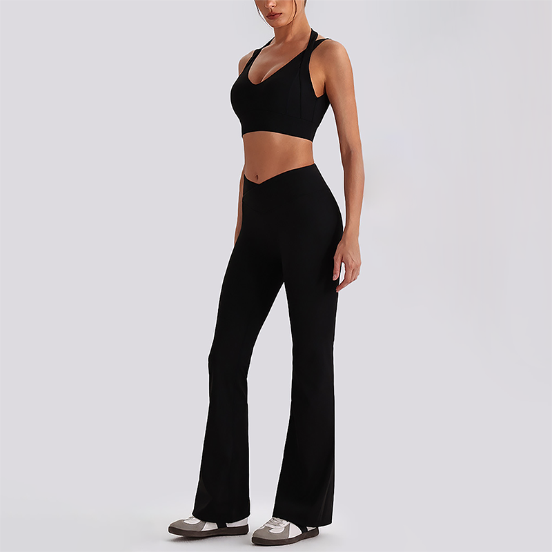 Wholesale Women's Open-Back Long Sleeve Crop Top & High Waist Leggings Set with Chest Pad