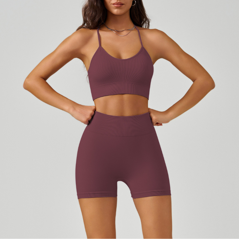 Crossover spaghetti strap bra & shorts sport sets