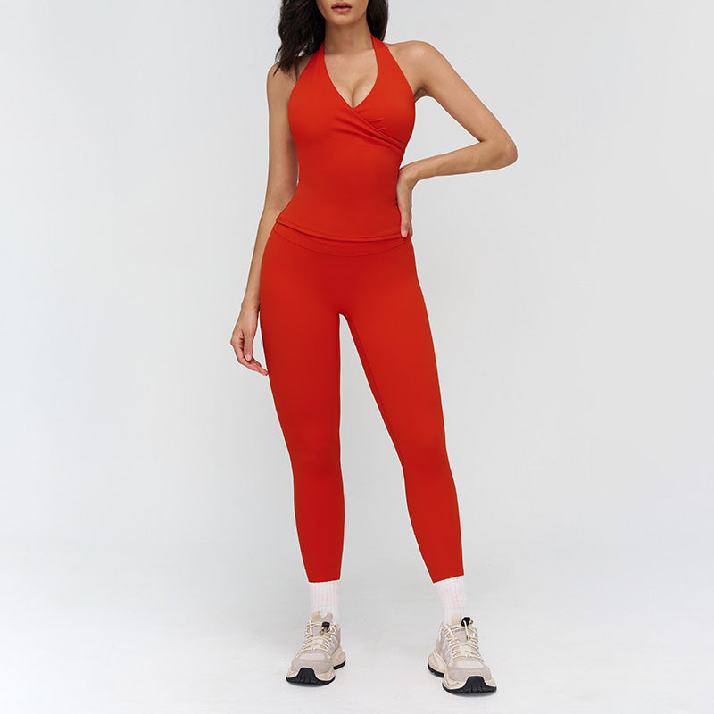 Halter neck backless tank top + high-waisted leggings 2-piece set