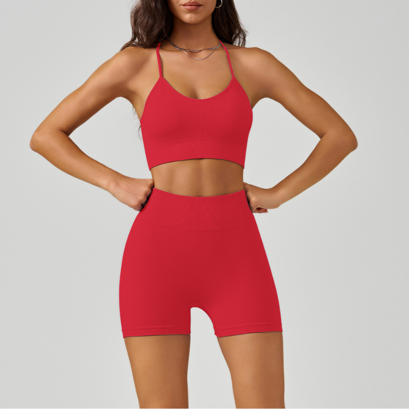 Crossover spaghetti strap bra & shorts sport sets