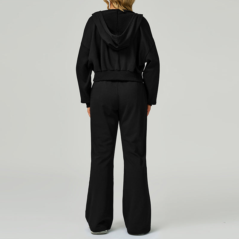 Loose hooded and full zipper Sweatshirt + drawstring Sweatpants 2 pieces set