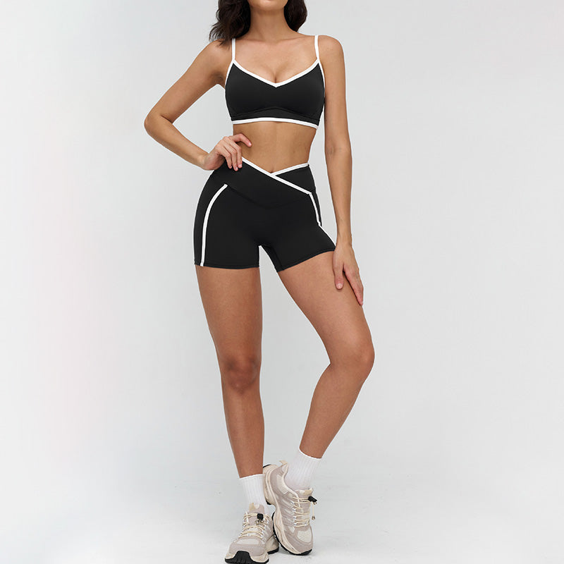 Women's Contrasting Color Thin Strap Sports Bra + Shorts 2-Piece Set