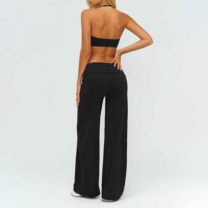 V-neck backless sports bra + high-waisted loose wide-leg pants 2-piece set