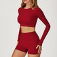 Round-neck long-sleeve high-waist fitted top+High-waist shorts 2-PIECE SET