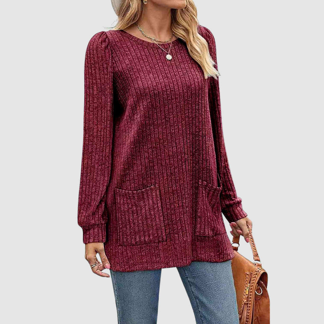 Wholesale Women’s Ribbed Pocket Tunic Sweater – Mid-Long Knit Pullover