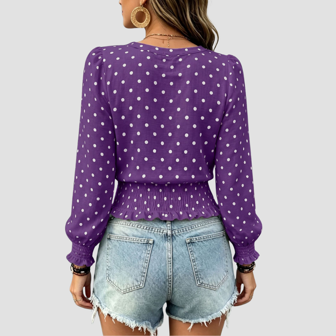 Wholesale Women's Round neck printed polka dot long sleeve V-neck fashionable casual top