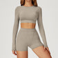 Round-neck long-sleeve high-waist fitted top+High-waist shorts 2-PIECE SET