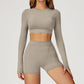 Round-neck long-sleeve high-waist fitted top+High-waist shorts 2-PIECE SET