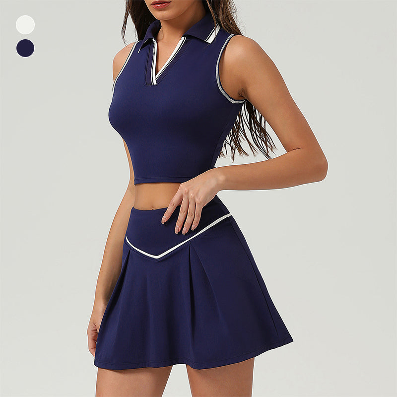 Lapel Sports Crop Top + Pleated Skirt 2-Piece Set