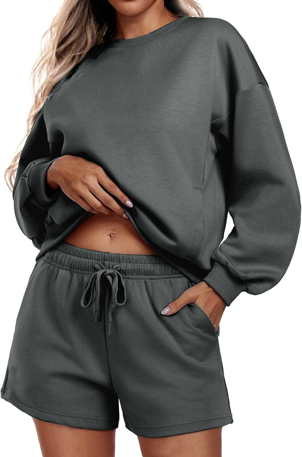 Round neck loose casual sweatshirt+Loose-fitting athletic shorts 2-piece set