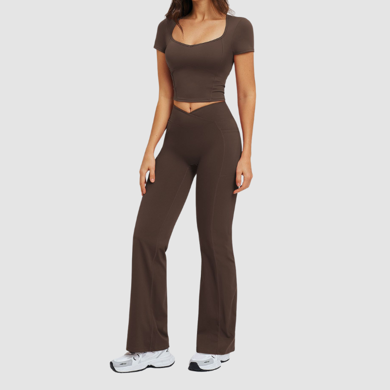 Wholesale square-neck crop top + high-waisted flared pants