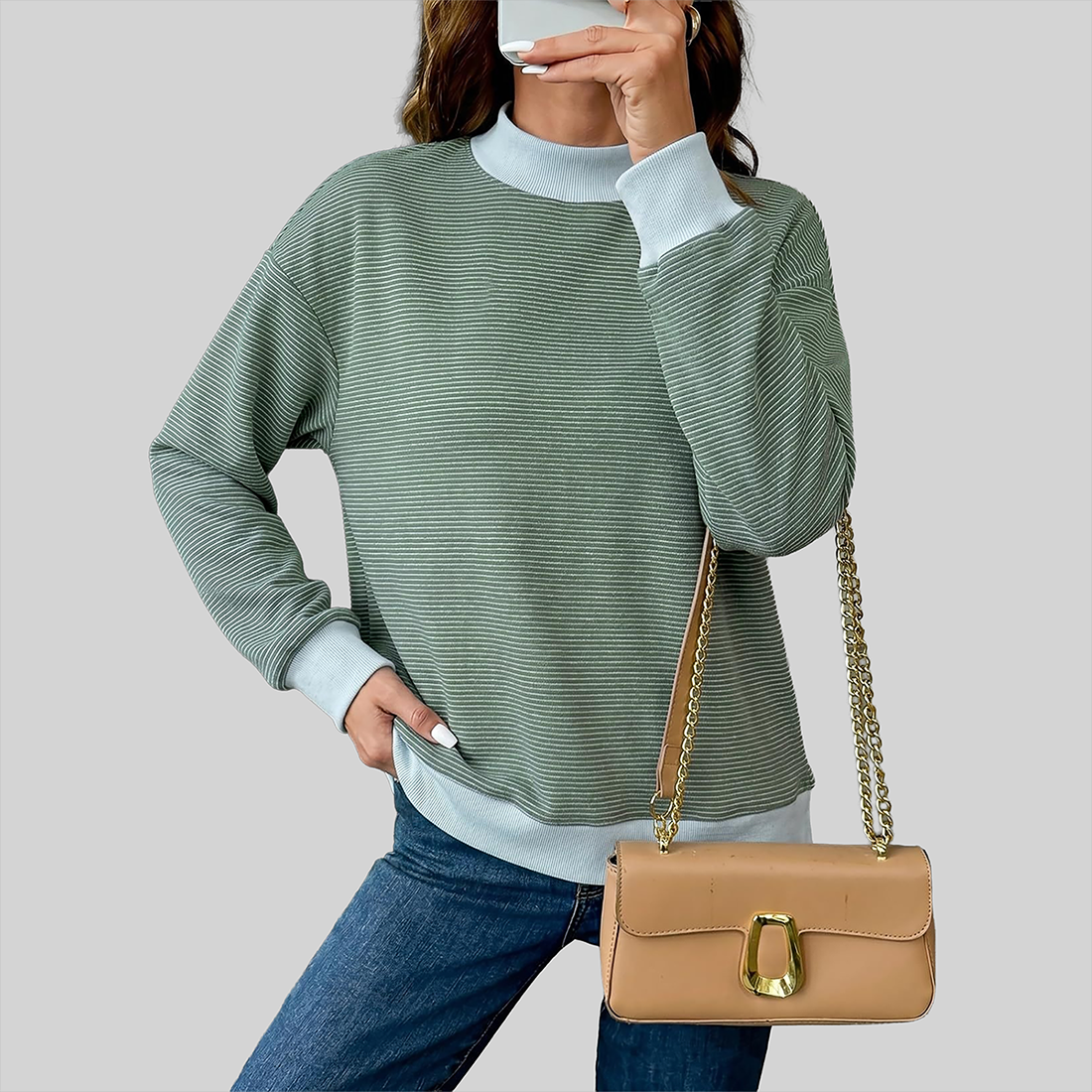 Wholesale Brushed Striped Long Sleeve Pullover – Loose Contrast Color Top