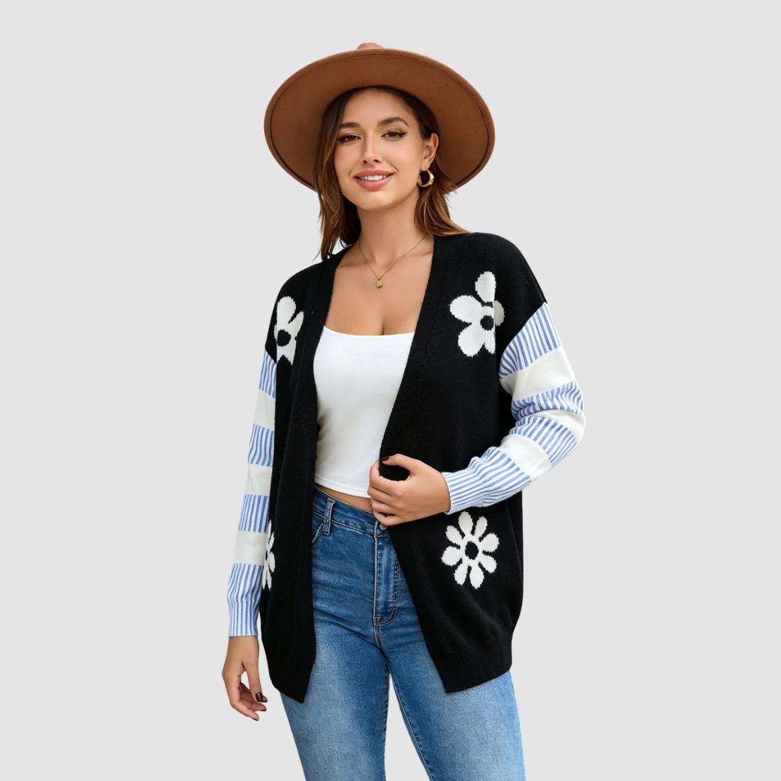 Wholesale Women’s Contrast Flower Stripe Knit Cardigan
