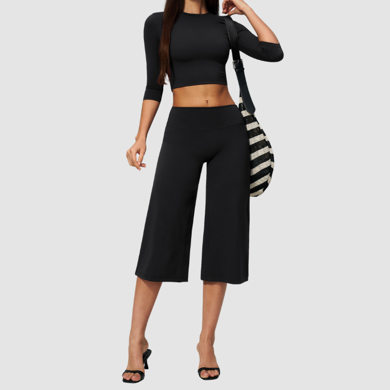 Wholesale Women's 3/4 Sleeve Crop Top & Mid-Length Leggings Set – Seamless Yoga Activewear