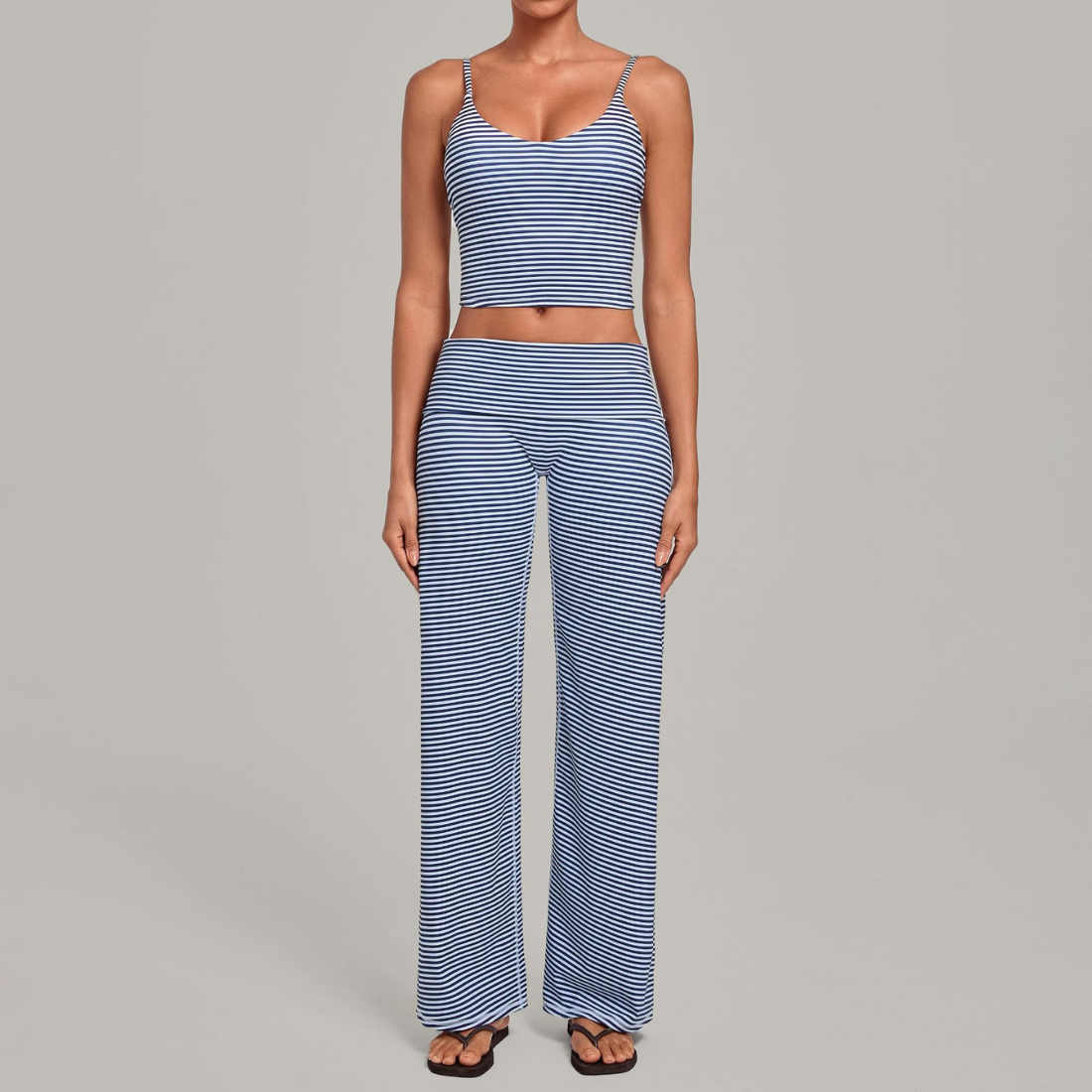 Wholesale Women's Activewear Retro Print Fold-Over Waist Top & Straight-Leg Pants Set