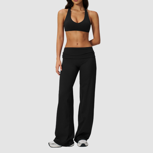 Wholesale Seam-Detail Sports Bra & Fold-up High-Waist Flare Leggings Set