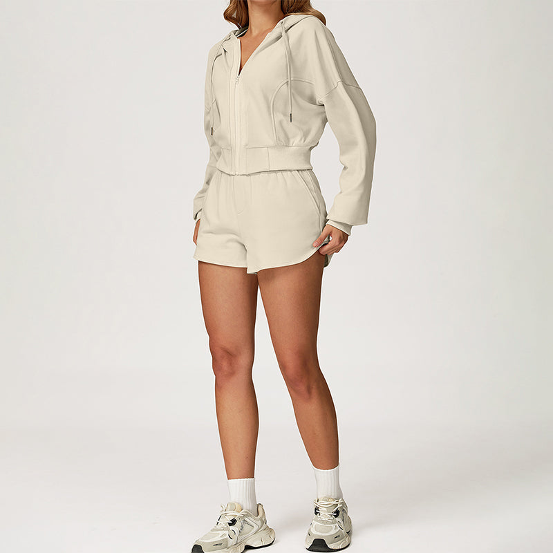 LOOSE HOODED AND FULL ZIPPER SWEATSHIRT + DRAWSTRING SHORTS 2 PIECES SET