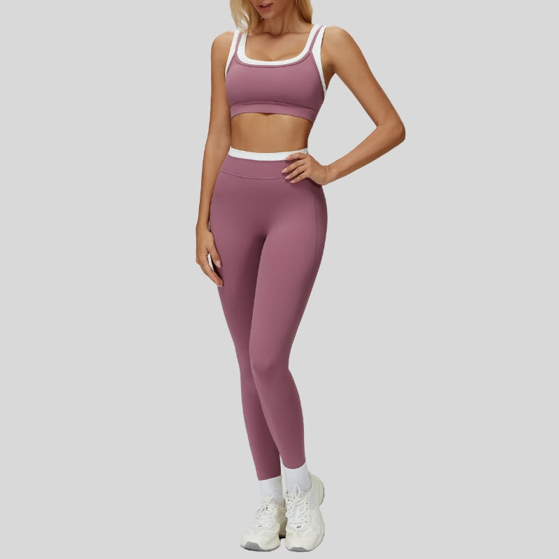 Contrast color sports bra + sports legginggs 2-piece set