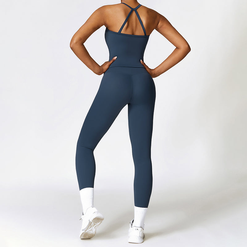 Tapa del tanque de yoga de cruz cepillado + Leggings de cintura alta de 2 piezas