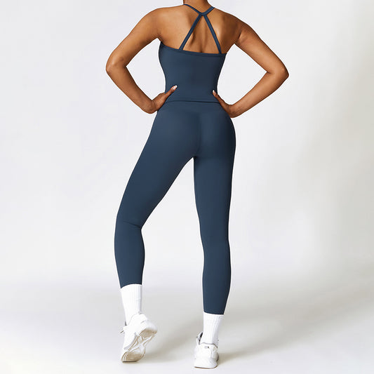 Tapa del tanque de yoga de cruz cepillado + Leggings de cintura alta de 2 piezas