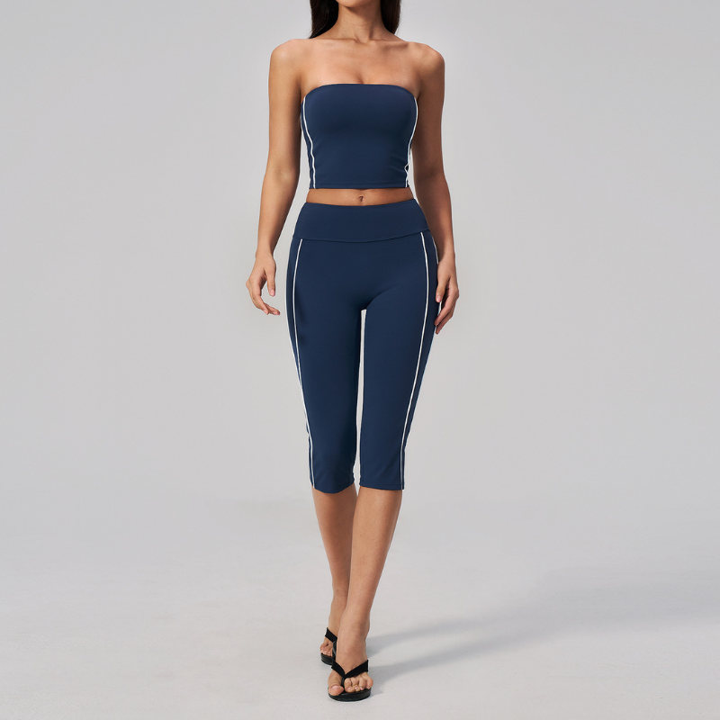 Wholesale Women's Brushed Strapless Tube Top & Mid-Length Leggings Set – Padded Yoga Fitness 2-Piece