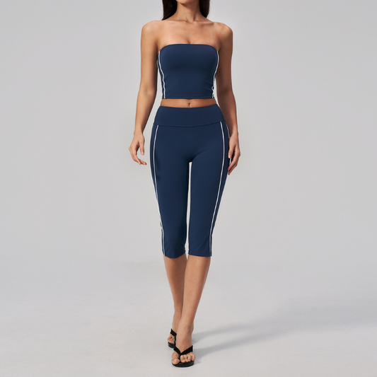 Wholesale Women's Brushed Strapless Tube Top & Mid-Length Leggings Set – Padded Yoga Fitness 2-Piece
