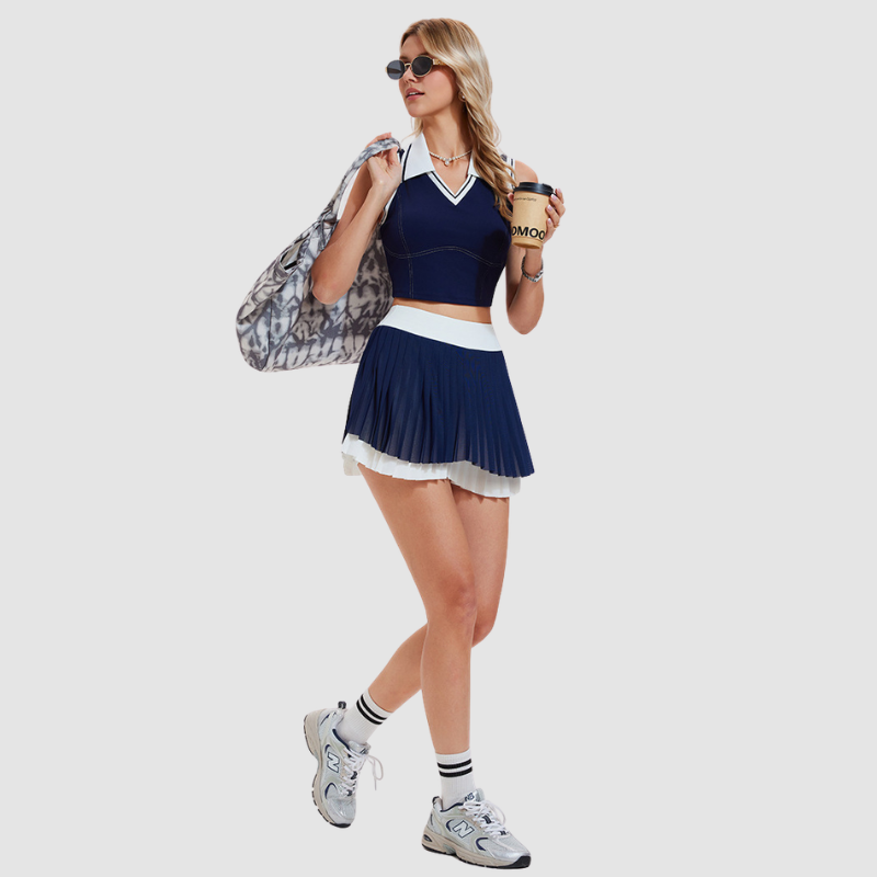 Wholesale Women's Sleeveless Tank Top & Double-Layer Pleated Skirt Set – Built-In Bra Anti-Exposure Tennis Golf Outfit