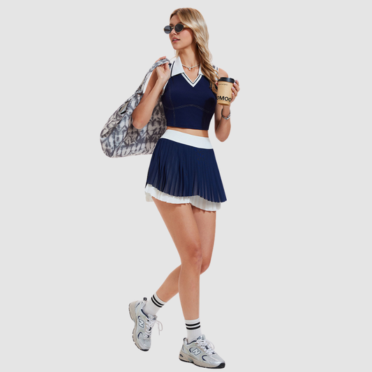 Wholesale Women's Sleeveless Tank Top & Double-Layer Pleated Skirt Set – Built-In Bra Anti-Exposure Tennis Golf Outfit