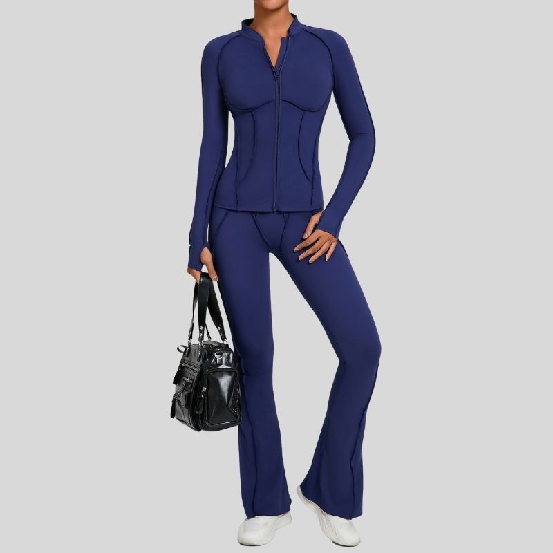 Thumb-buckle zipper jacket + slightly flared pants+2-piece set