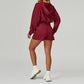 Loose hooded and full zipper Sweatshirt + drawstring shorts 2 pieces set