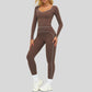 Color-blocked long-sleeved sports top+High waisted leggings 2-piece set