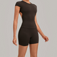 Wholesale Women's Open-Back Pleated Yoga Set Short Sleeve Crop Top & Shorts with Chest Pad