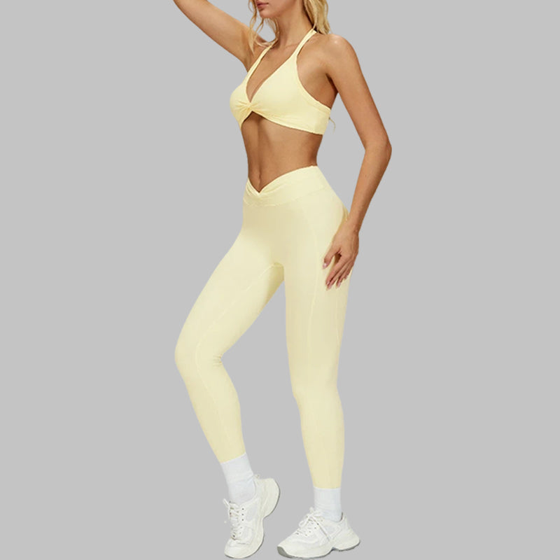 Removable padding sports bra+Pleated waistband sport leggings 2-piece set
