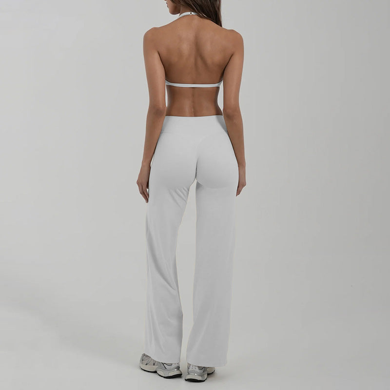 Halter-neck backless bra + loose wide-leg pants 2-piece set
