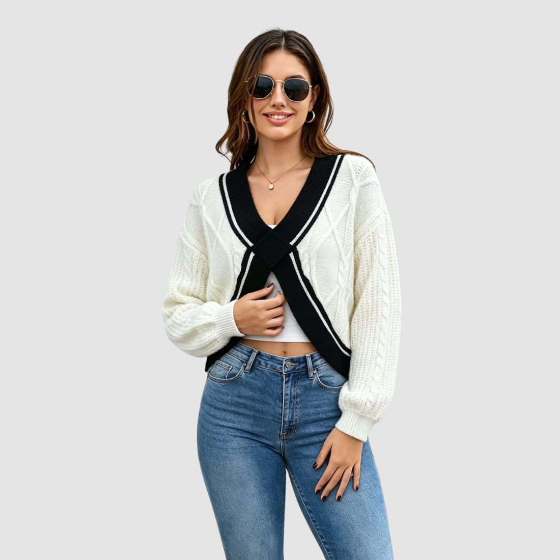 Wholesale Women’s Contrast V-Neck Cropped Knit Sweater