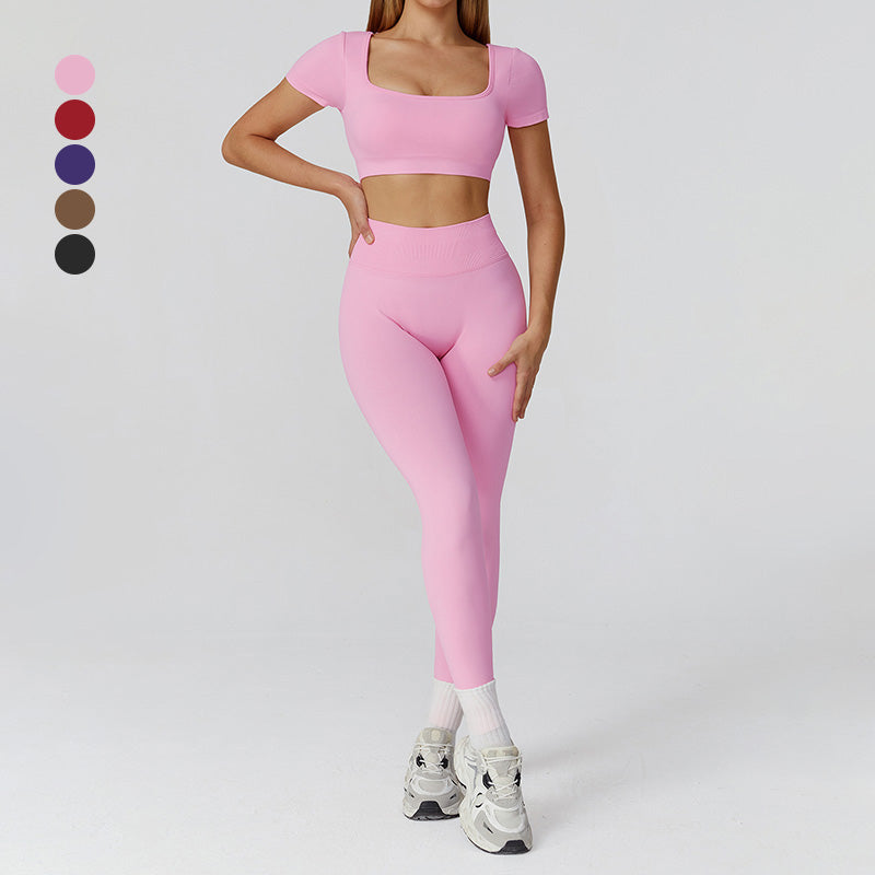 Seamless Short Sleeve Sports Top + hoch taillierte Leggings 2-teilige Leggings
