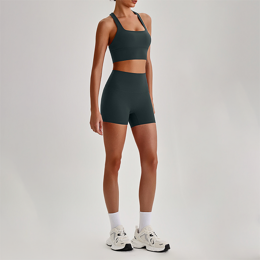 Wholesale Cross-Back Sports Bra & High-Waist Biker Shorts Set – Naked-Feel Quick-Dry Yoga 2-Piece
