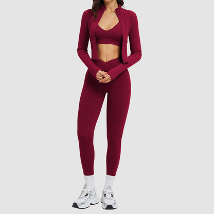 Wholesale stand-collar jacket+leggings+ sports bra 3-piece set