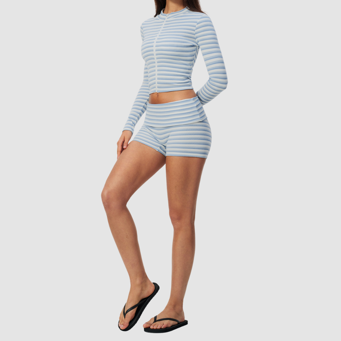 Wholesale Women's Stripe Yoga Set: Zip Stand-Collar Jacket & Shorts