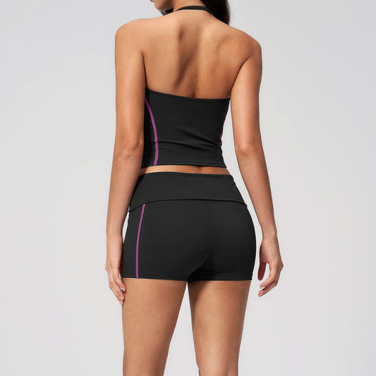 Wholesale Women's Halter V-Neck Color-Block Yoga Set – Slim-Fit Sports Bra & Shorts