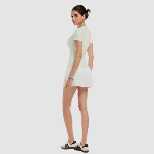 Wholesale Women's V-Neck Open-Back Short Sleeve Top & Pleated Skirt Set