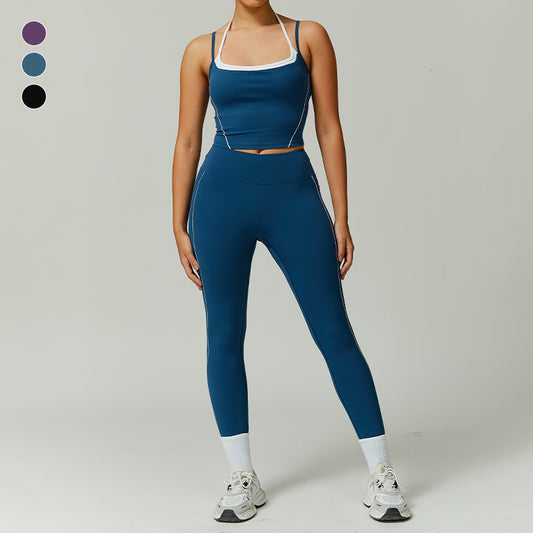 Top de chaleco de yoga de dos piezas falso de dos piezas Top+ Leggings desnudos con bolsillos establecidos