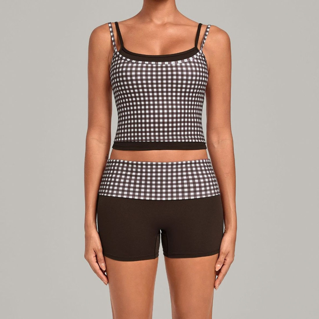 Wholesale Women's Retro Print Double-Strap Yoga Vest+High-waist Shorts Two-Piece Set